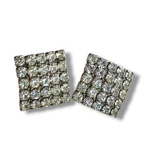 Vintage 60's Square Pave Crystal Rhinestone Clip On Earrings 1” Bling Silver